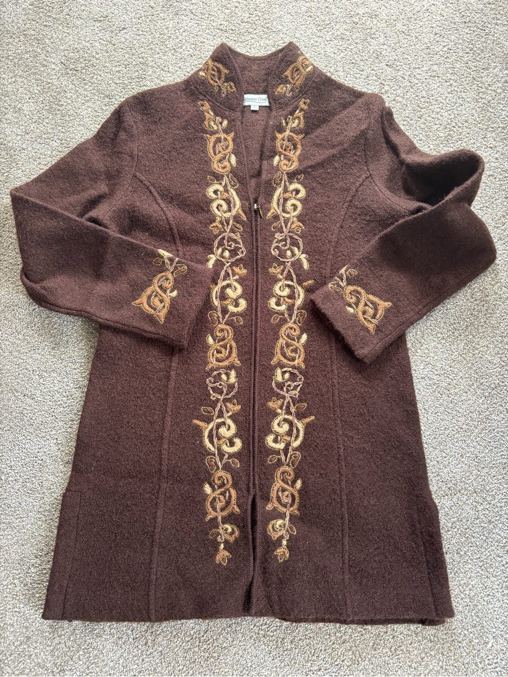 Coldwater Creek Brown Longline Sweater Jacket/Cardigan with Gold Embroidery